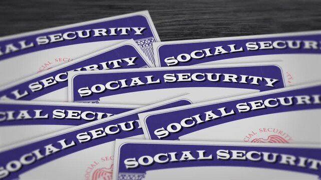 Closeup of social security benefits cards on a table. US social security documents. identification, retirement, US benefits for elderly people, senior citizen benefits, pension, welfare. 4k footage