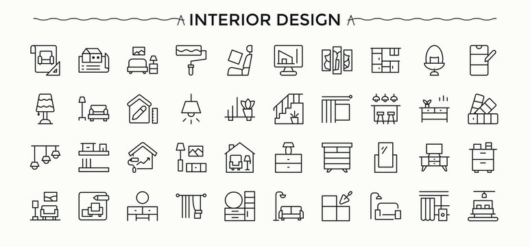 Interior Design line icon set. Architecture vector line icon set. Set of line pictogram. Related to architect, design, decor, project, interior, furniture and more. Editable stroke. Vector collection.