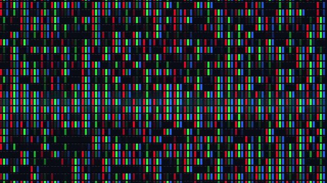 Closeup view of a digital screen showing red, green, and blue subpixels arranged in a grid pattern, creating a textured abstract background