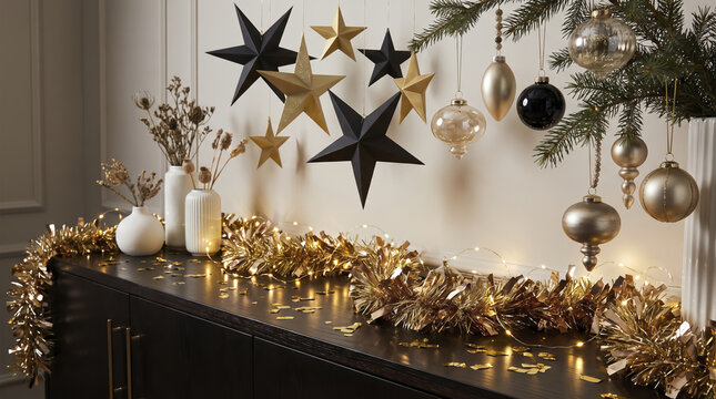 Festive holiday ornament arrangement decorates wooden sideboard for celebration. Metallic star ornaments suspend elegantly above shimmering gold tinsel garland with warm string lights.