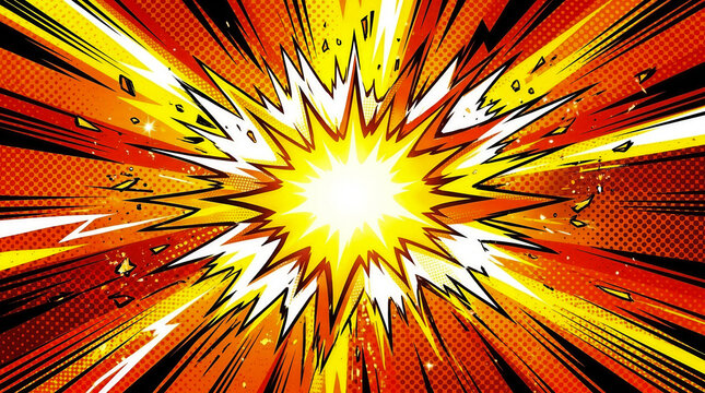 Comic explosion background featuring dynamic yellow orange and red starburst speed lines with vintage halftone dot pattern texture illustrating action energy excitement drama impact power shockwave de