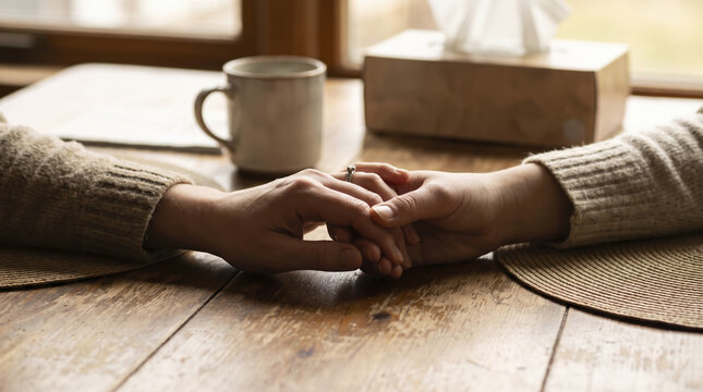 Pair of hands hold tenderly across weathered dining table, expressing caring reassurance and quiet companionship while hot beverage cup and paper tissue pack rest quietly behind them.
