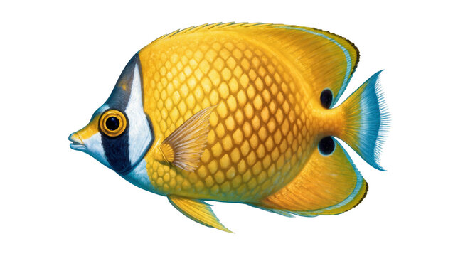 Bright yellow butterflyfish with black eye stripe and blue tail fin markings