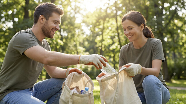 Smiling couple gathers discarded litter inside reusable bags outdoors. Friendly volunteers enjoy cleaning sunny woodland park while collecting empty plastic bottles during eco service event.