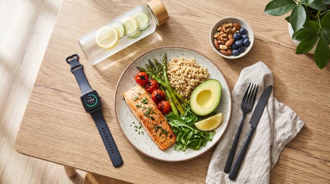 Balanced low-sugar meal with a fitness smartwatch and water bottle on a wooden table. Healthy nutrition, blood sugar management, diabetes prevention and wellness lifestyle concept.