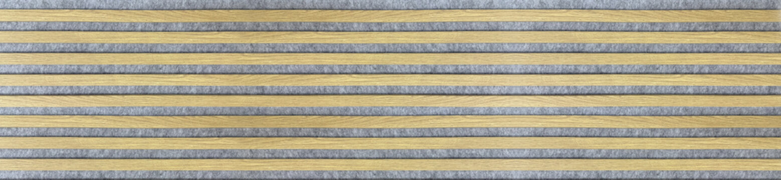 Horizontal wooden slats on gray felt background panel surface in linear acoustic wall cladding