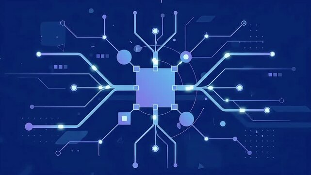 Abstract blue digital technology animation featuring a central processor connected to multiple data nodes through glowing circuit lines on a dark blue background. Suitable for illustrating computer pr