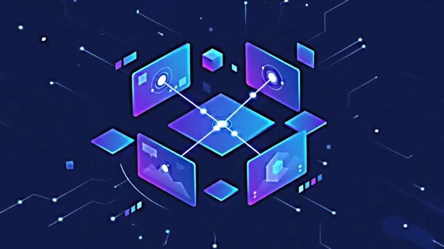 Futuristic abstract technology animation showing a glowing central digital node connected to floating geometric elements and intricate blue and purple network structures. Represents artificial intelli