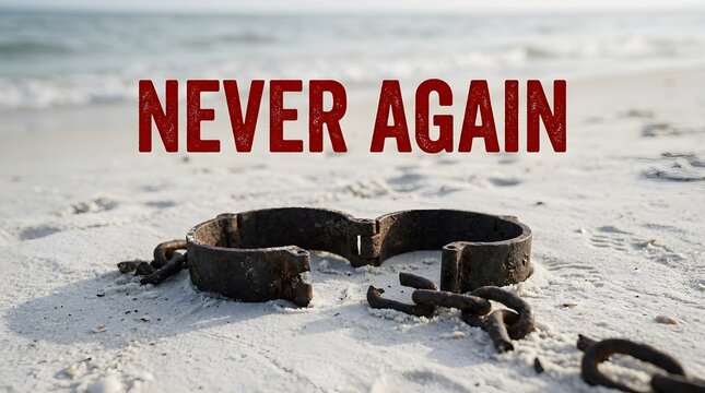 Dog collar and leash on the beach with the words never again displayed