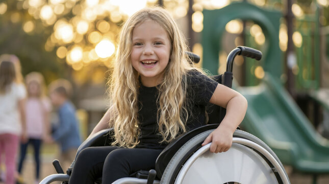 Smiling blonde girl enjoys park visit while seated in wheelchair during sunny afternoon. Happy child radiates heartwarming positivity beside playground equipment as soft bokeh glows behind.