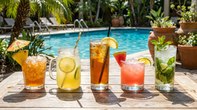 Five colorful tropical cocktails with fruit garnishes on a wooden table by a sunny blue pool