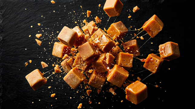 Delicious caramel candy cubes exploding in the air on a dark black background high speed shot