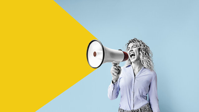 A woman with a megaphone. Promotion, action, ad, job questions, discussion. Vacancy. Business concept, communication, information, news, team media relations.