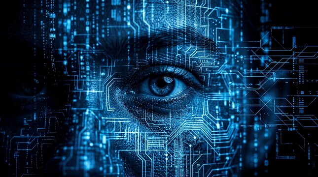 Futuristic Artificial Intelligence Concept featuring a close-up human eye with glowing blue digital circuit patterns and binary data overlays, ideal for cybersecurity blogs and tech presentations.