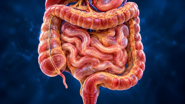 Human Intestines Anatomy with Translucent Intestinal Wall Layers and Mesenteric Blood Vessels