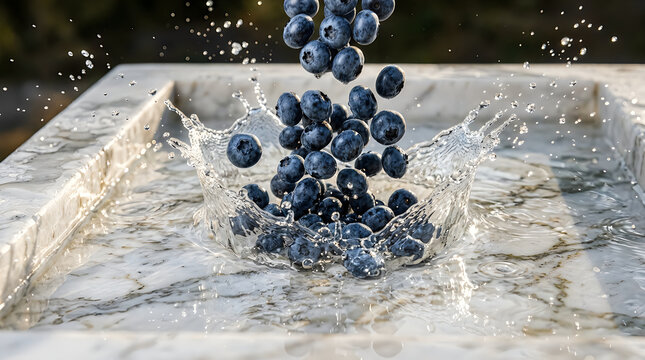 Fresh ripe blueberries falling into clear water creating a large splash on a dark background