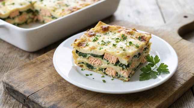 Baked salmon lasagna rests neatly sliced on white ceramic plate beside parsley garnish. Golden melted cheese crust covers flaky fish pieces and tender spinach layers over wooden board.