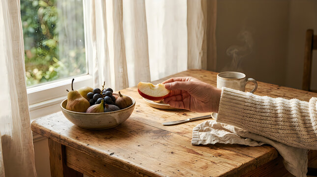 Fresh bowl of fruit on a rustic wooden table in a bright sunny kitchen near a window in the morning