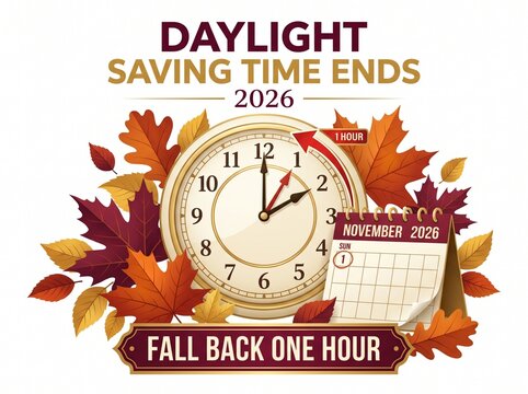 Daylight saving time ending reminder with clock and autumn leaves on transparent background