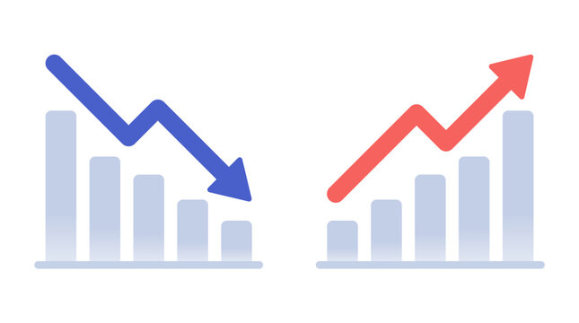 Decreasing and increasing bar charts with arrows showing business trend analysis.