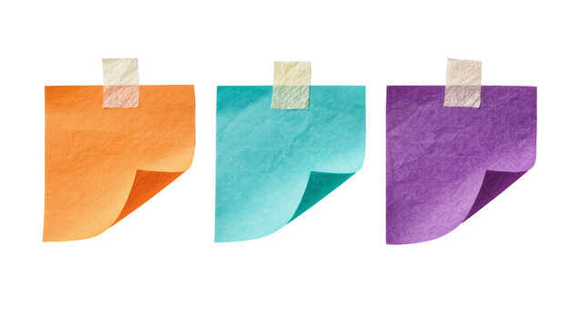 Three colorful sticky notes with tape, isolated on transparent background