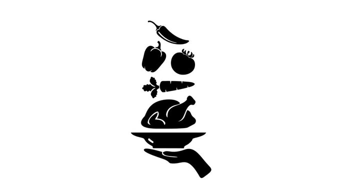 Vector silhouette animation featuring a figure holding a plate, along with ingredients for a roasted chicken dish, carrots, tomatoes, bell peppers, and chili peppers, with an area for copy space.