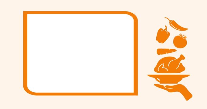 Vector silhouette animation featuring a figure holding a plate, along with ingredients for a roasted chicken dish, carrots, tomatoes, bell peppers, and chili peppers, with an area for copy space.