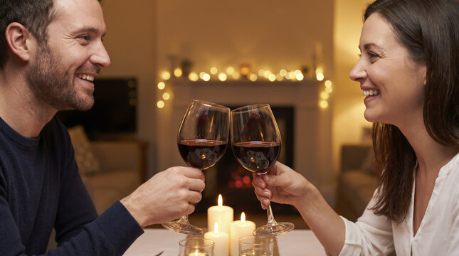 Joyful couple celebrates anniversary by clinking wine glasses together over candlelit dinner. Happy partners smile warmly during evening meal while holding glassware near burning candles.