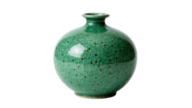 Round emerald green ceramic vase with crackle glaze and dark brown speckles