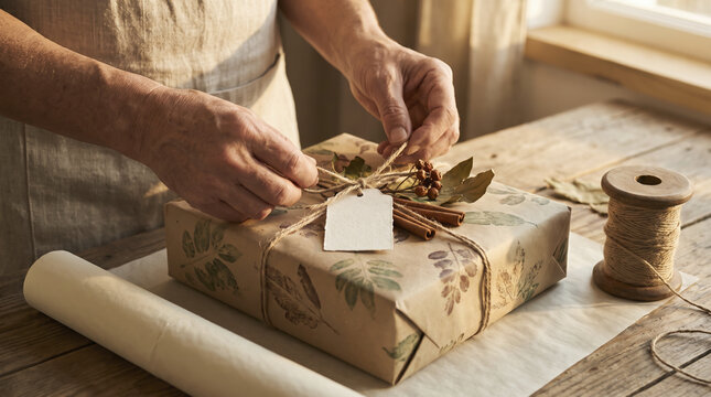 Artisan hands tie twine around autumn gift box carefully at wooden table. Skilled crafter decorates packaged present with dried leaves and cinnamon sticks beside spool in soft daylight.