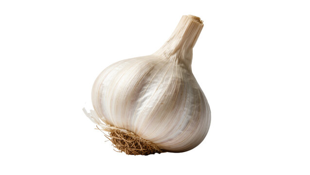 Fresh whole garlic bulb with papery white skin and fibrous roots