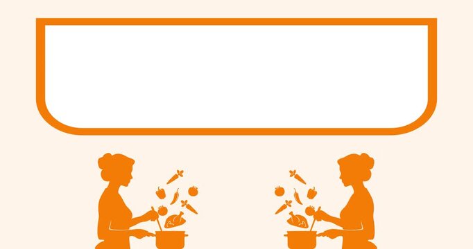 Vector silhouette animation of a woman cooking, featuring ingredients such as roasted chicken, carrots, tomatoes, bell peppers, and chili peppers, with an area for copy space.