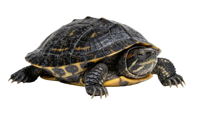 Black and yellow patterned painted turtle with textured shell and sharp claws