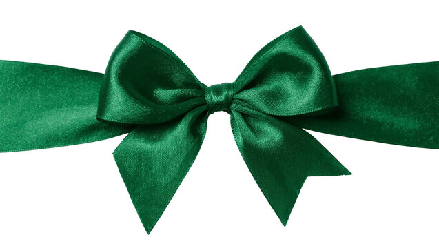 Dark green satin ribbon tied in a decorative bow with long flowing ends