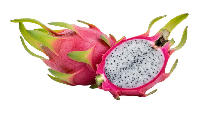 Whole and halved dragon fruit with pink skin and white speckled flesh