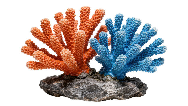 Orange and blue branching coral reef decoration on a dark grey stone base