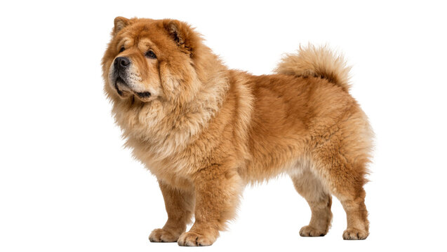 Fluffy ginger Chow Chow dog standing in profile