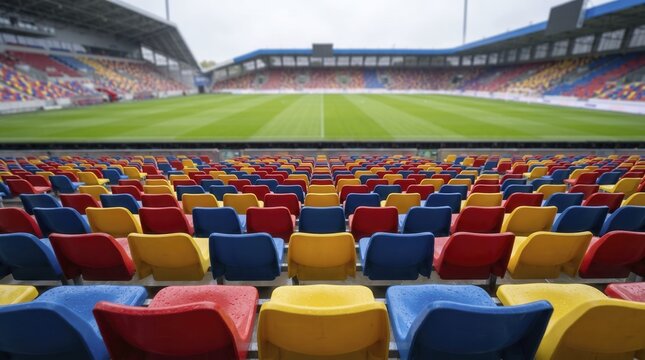 Tiers of vibrant spectator chairs remain silent throughout spacious outdoor stadium, framing manicured grass field during quiet daylight hours in anticipation of future championship game.