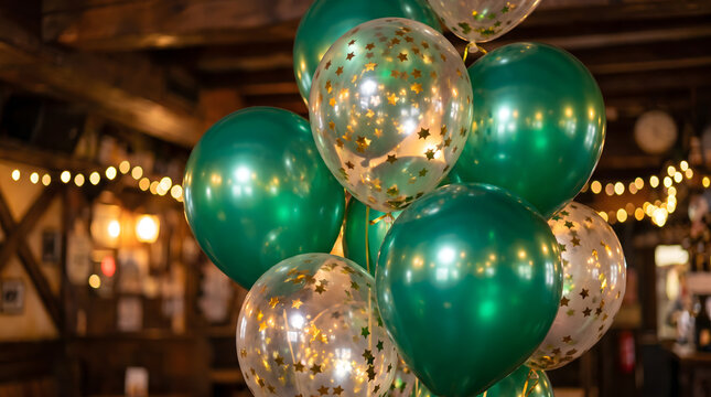 Green St Patrick's Day balloons with gold star confetti and transparent decorations floating in a dimly lit pub setting with warm bokeh fairy lights in the background