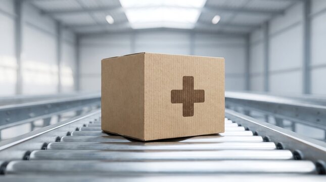 Cardboard box with medical cross symbol moving on a metallic roller conveyor inside large distribution warehouse