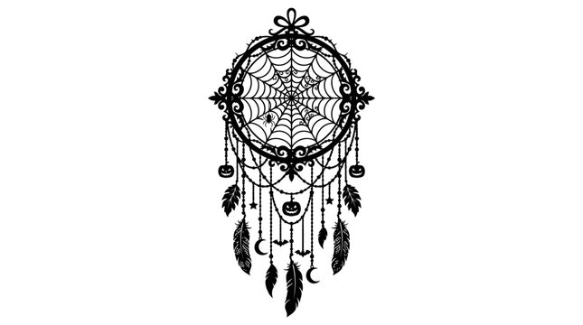 Gothic Halloween dreamcatcher vector silhouette, creepy spiderweb dream catcher icon, spooky boho feather decoration clipart