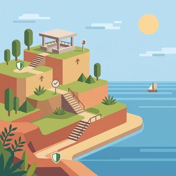 Isometric Gamified Path to Success Concept with Cliff Steps Gazebo and Icons