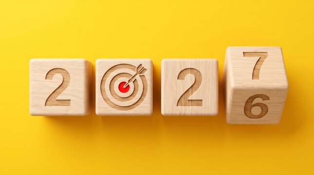 Wooden blocks displaying year twenty twenty seven with bullseye icon symbolizing upcoming future business goals