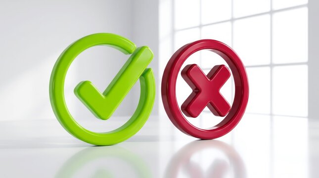 Glossy green check mark and red cross symbols resting on bright white reflective tabletop surface inside room
