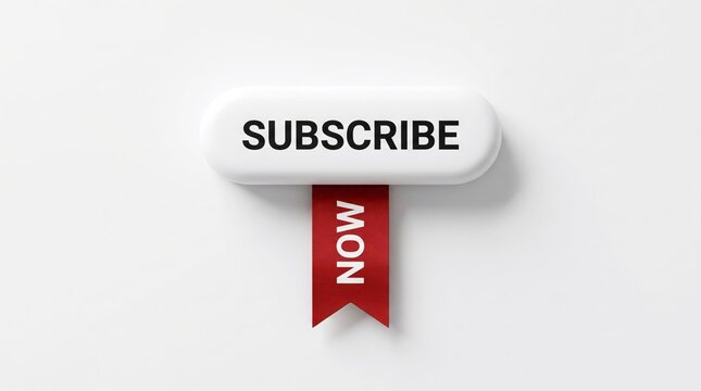 Minimalist white subscribe button with bold black typography accompanied by a hanging red banner displaying text now