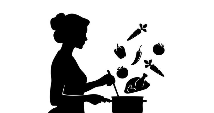 Vector silhouette animation of a woman cooking, featuring ingredients such as roasted chicken, carrots, tomatoes, bell peppers, and chili peppers, with an area for copy space.