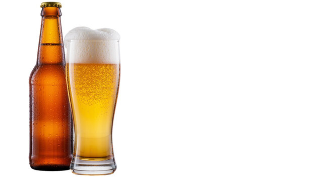Brown glass beer bottle and tall glass filled with golden lager and white foam