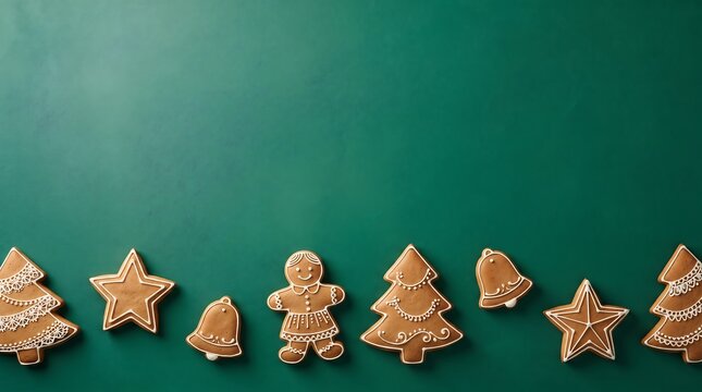 Festive arrangement of colorful gingerbread cookies on a dark teal background