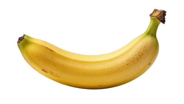 Single ripe yellow banana with brown stem tip