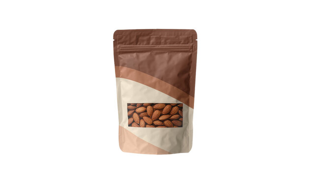 Brown paper stand up pouch with clear window filled with raw organic almonds
